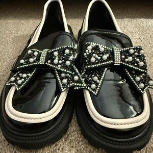 Elegant Black and White Embellished Kids Dress Shoes